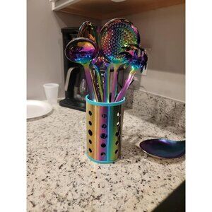 7 PCS Kitchen Turner Serving Spoon Ladle Skimmer Spoons Fork Pasta and Holder